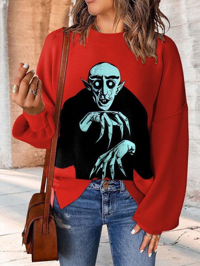 Colorful Monsters Halloween Print Casual Knit Pullover Sweater