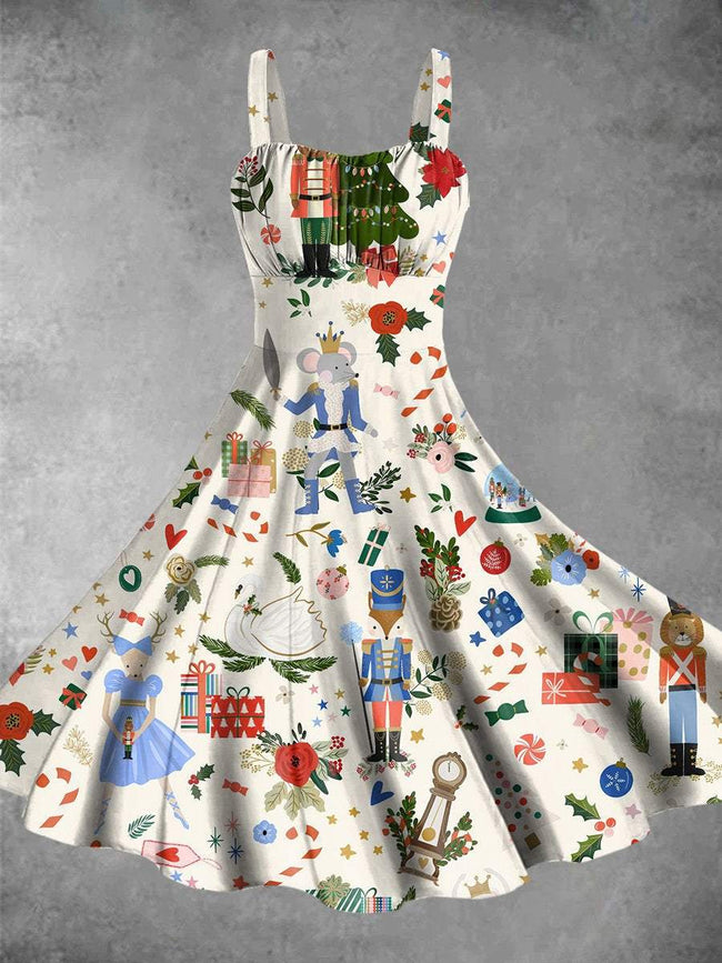 Vintage Christmas Nutcracker Print Backless Dress