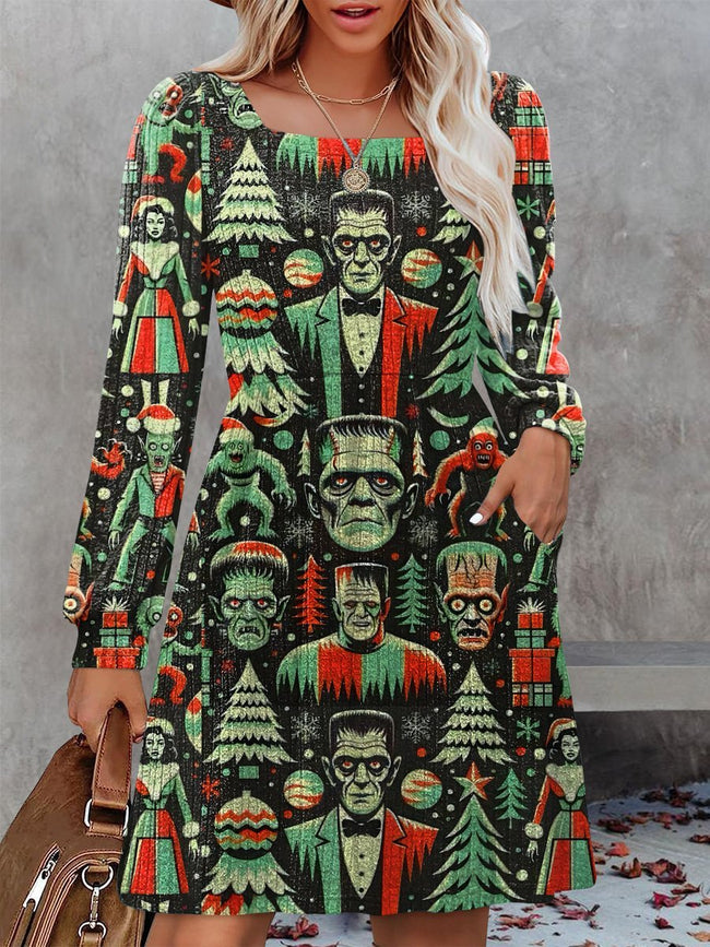 Vintage The Christmas Couple Halloween Print Knit Sweater Dress with Pockets