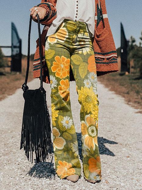 Women's 1970s Retro Floral Print Wide Leg Pants