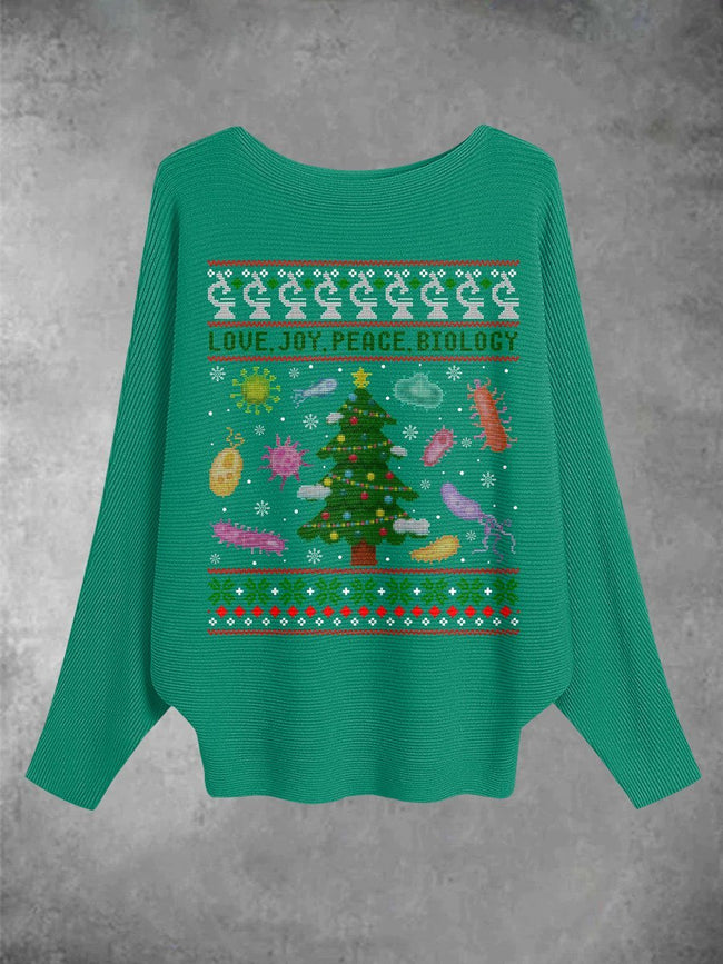 Women's Christmas Tree Printed Boat Neck Bat Sleeve Pullover