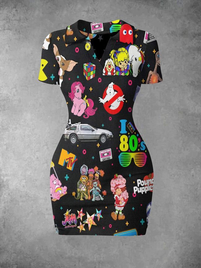 Women's Vintage 1980s Cartoon Print Ribbed Bodycon Mini Dress