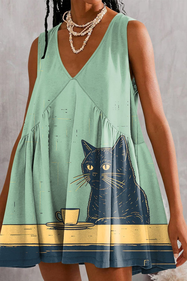 Women's Black Cat Chilling Coffee Art Print Mini Dress Sundress with Pockets