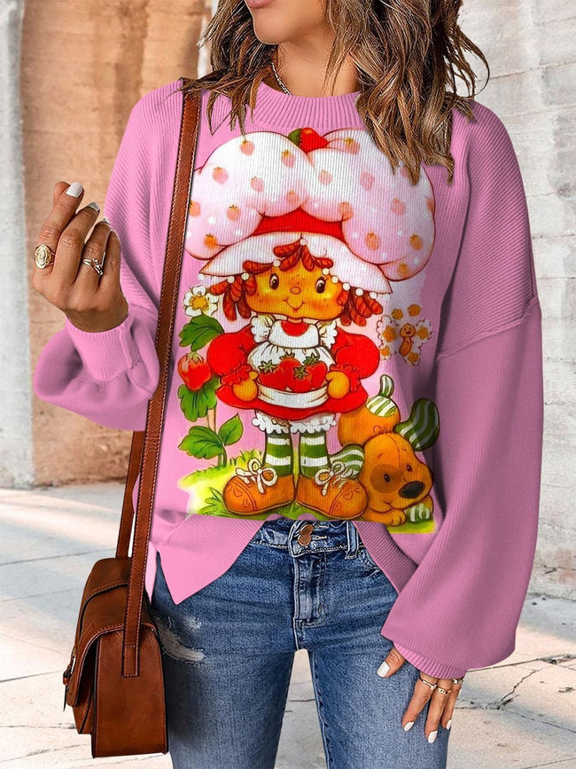 Colorful Strawberry Girl Print Casual Knit Pullover Sweater