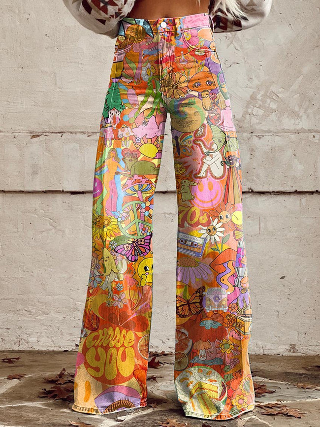 Women's Retro Hippie Peace And Love Print Casual Wide Leg Pants