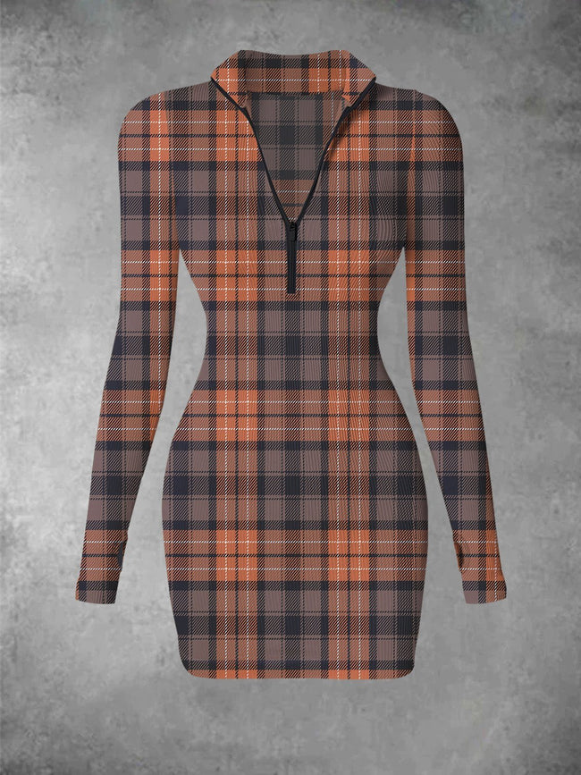 Vintage Fall Plaid Print Ribbed Zip Front Long Sleeve Mini Dress