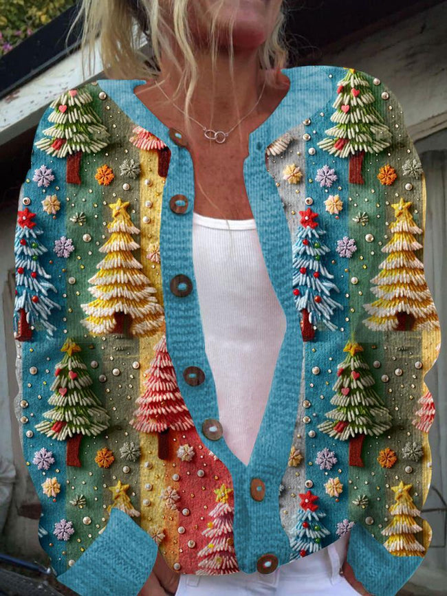 Vintage Rainbow Christmas Tree Print Buttoned Cardigan Sweater