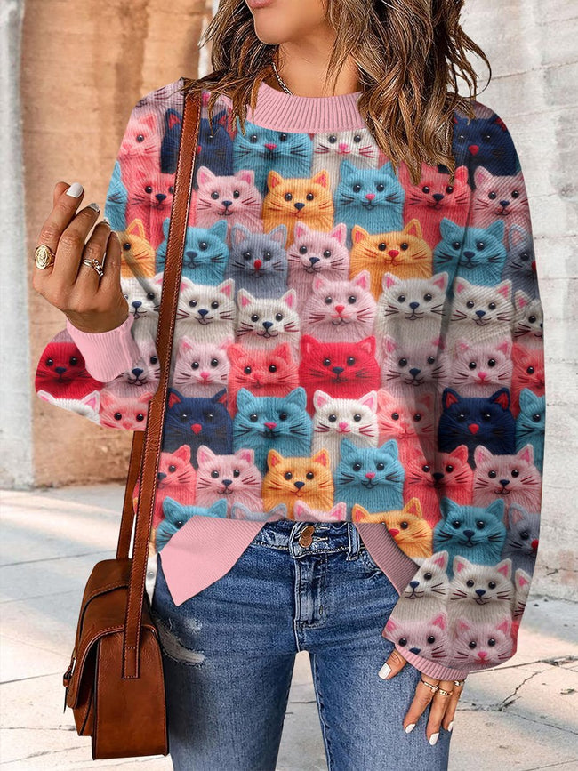 Colorful Cute Cat Embroidery Print Casual Knit Pullover Sweater