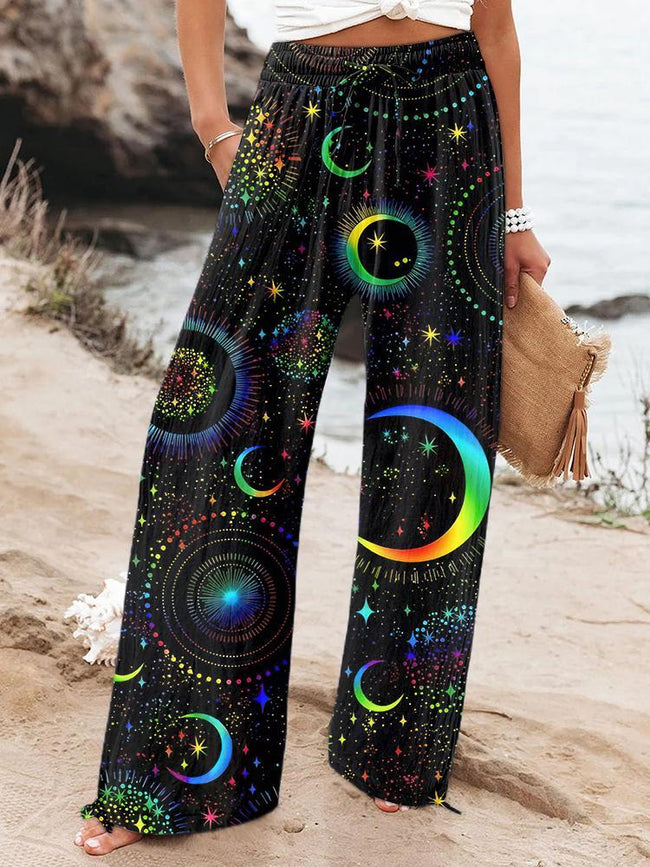 Women's Retro Moons and Stars Printed Cotton And Linen Casual Pants