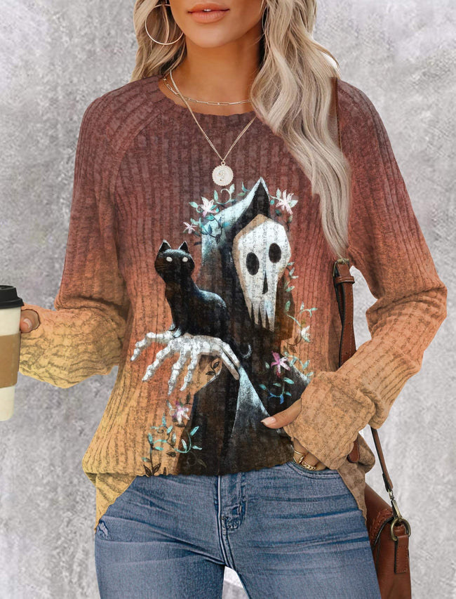 Vintage Skull and Cat Print Lightweight Fall Shirt with Thumb Holes