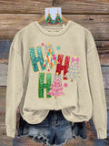 Retro Colorful Coquette Glitter Ho Ho Ho Christmas Tree Print Sweatshirt