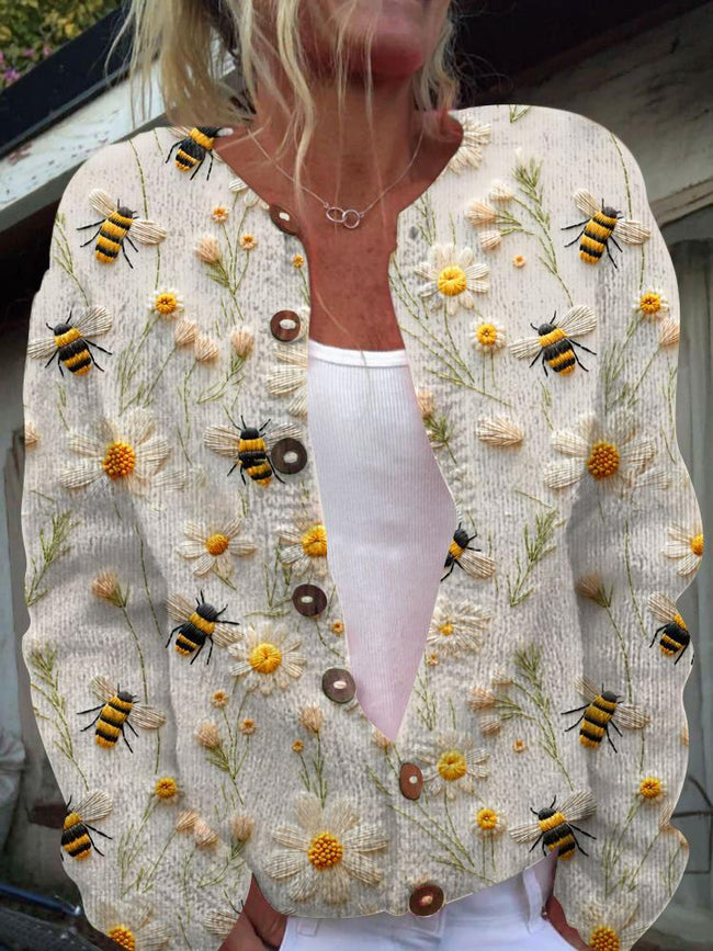 Vintage Bee in Flower Print Buttoned Cardigan Sweater