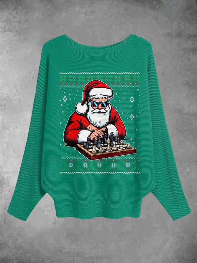 Women's Santa Claus Printed Boat Neck Bat Sleeve Pullover