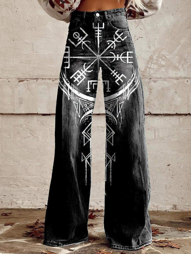 Women's Retro Viking Totem Print Casual Wide Leg Pants