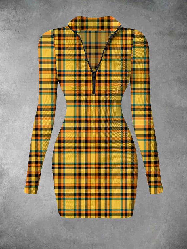 Vintage Fall Plaid Print Ribbed Zip Front Long Sleeve Mini Dress