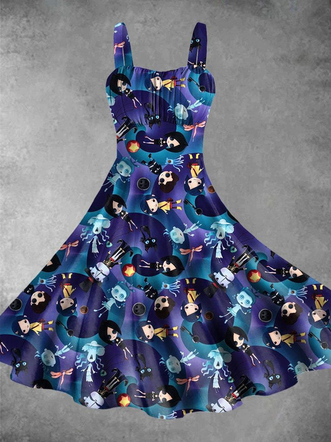 Vintage Cute Cartoon Print Backless Dress