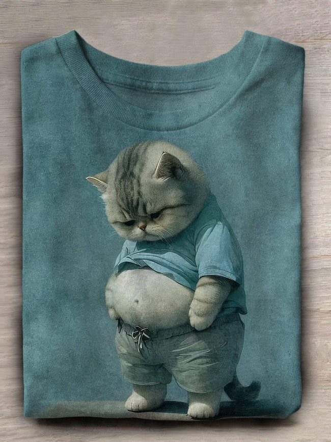 Funny Fat Cat Art Design Print T-shirt