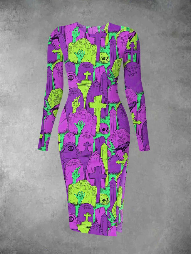 Women's Vintage Halloween Zombie Print Long Sleeve Crew Neck Midi Dress