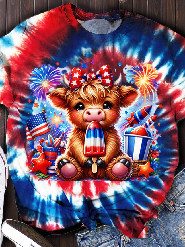 4th Of July Cute Highland Cow Print Tie Dye Top