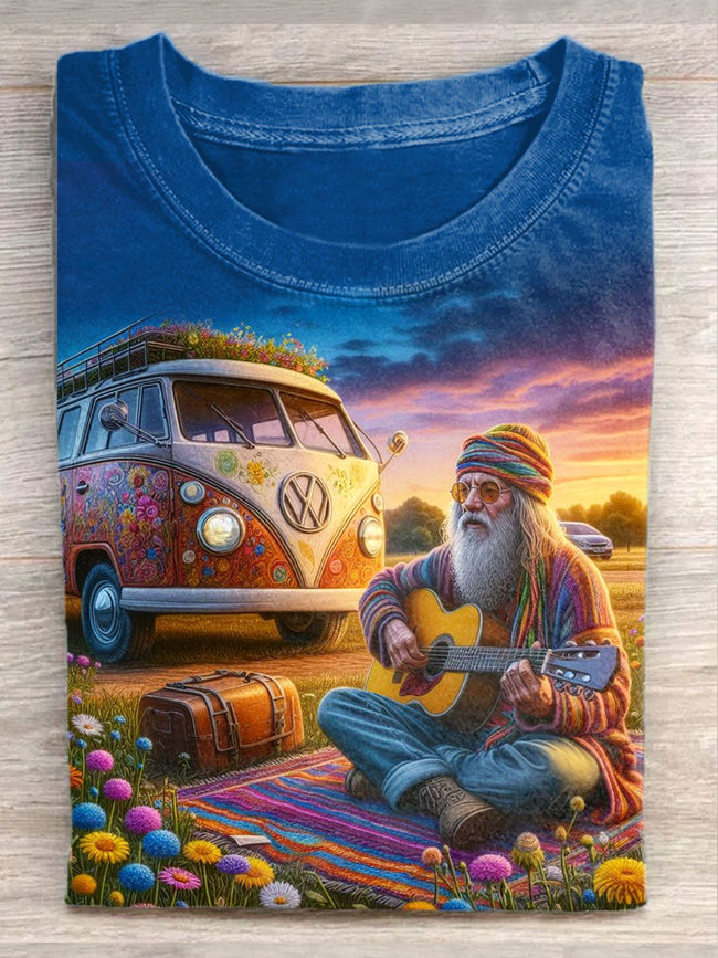 Unisex Hippie Guitar Art Illustration Print Casual Round Neck T-Shirt
