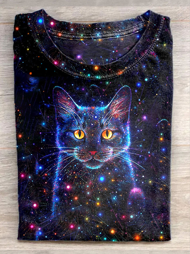 Unisex Fantasy Starry Sky Cat Art Illustration Printed Casual T-Shirt