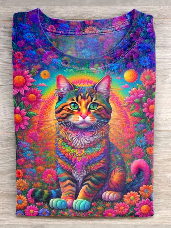 Unisex Fantasy Flower Cat Art Illustration Print Casual T-Shirt
