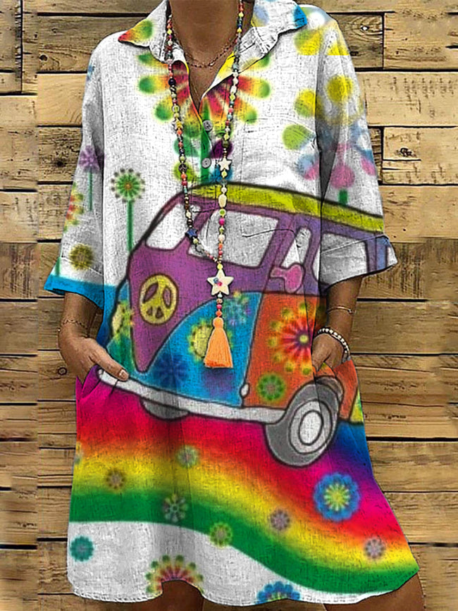 Peace Rainbow Bus Imprimé Col en V Vintage Chic Mid Midi Robe à manches longues